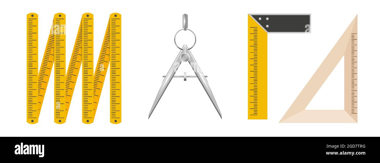 Outils de mesure. Règle pliante, diviseur Bow-compas, coin bâtiment, coin école en bois. Illustration vectorielle 3D isolée sur fond blanc. Illustration de Vecteur