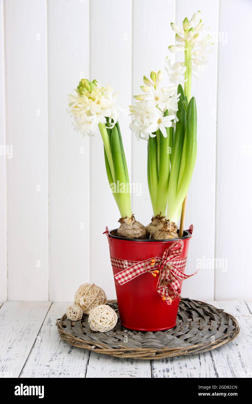 Jacinthe blanche dans un pot avec des boules décoratives sur table sur fond  en bois Photo Stock - Alamy