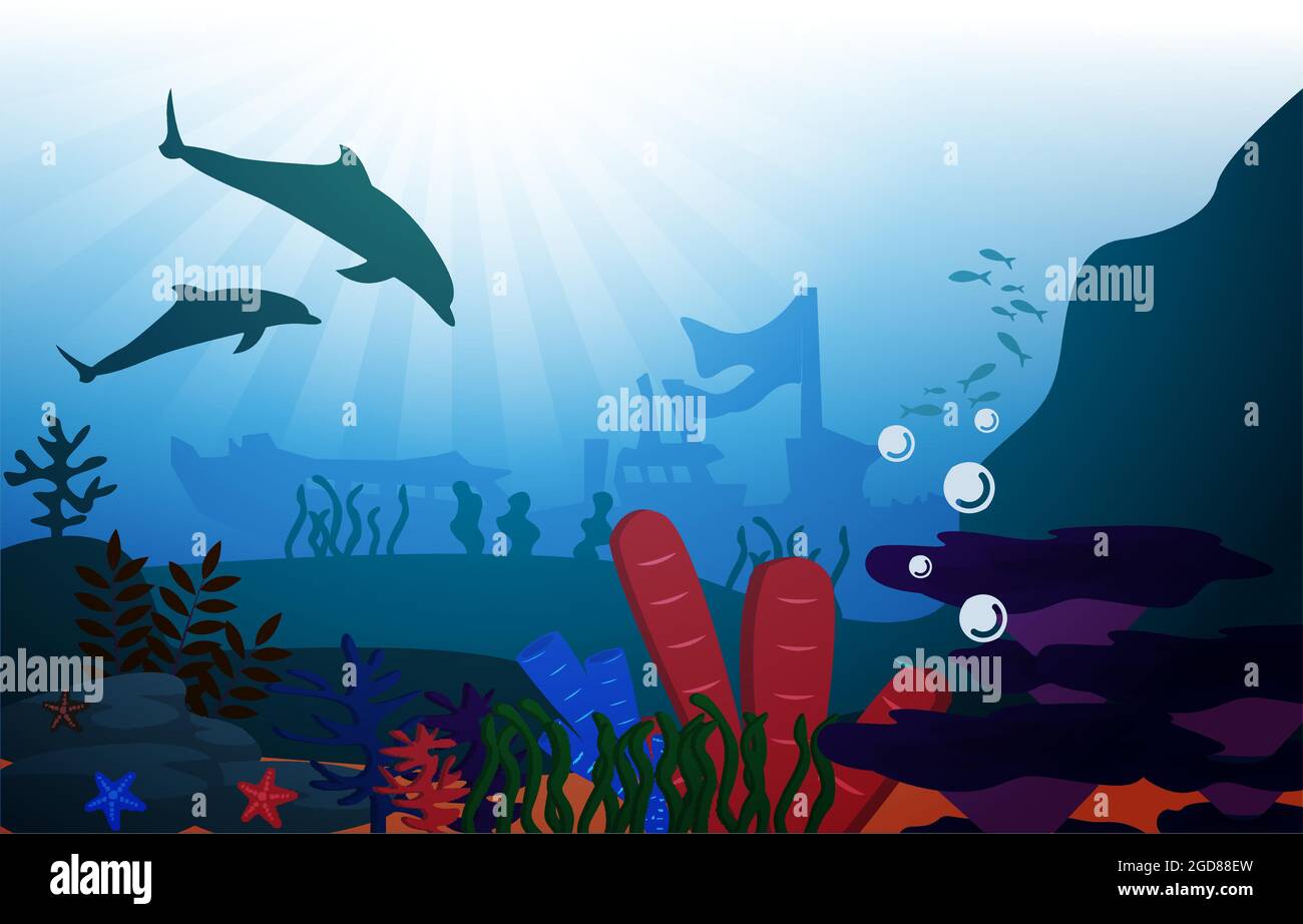 Dauphin Sunken Sunken Ship faune de la mer animaux sous l'eau Illustration aquatique Illustration de Vecteur
