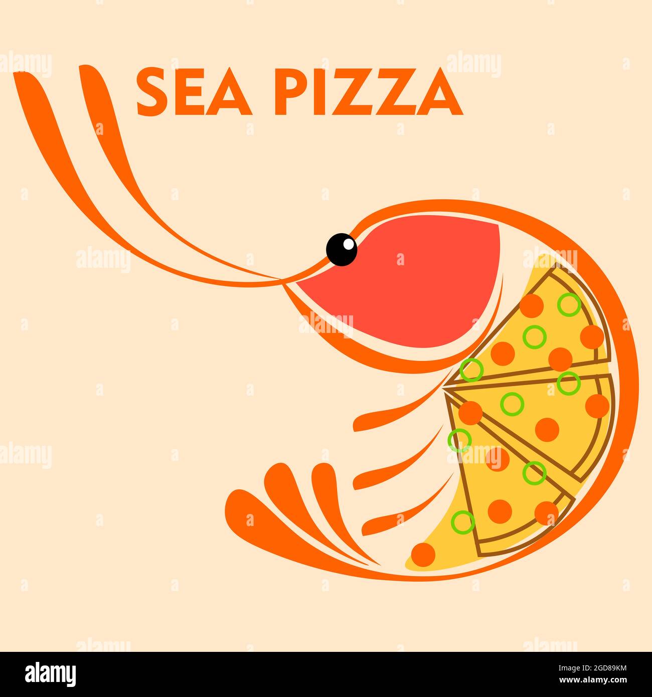 logo minimal de pizza avec fruits de mer sous forme de crevettes, olives et tomates 1 Illustration de Vecteur