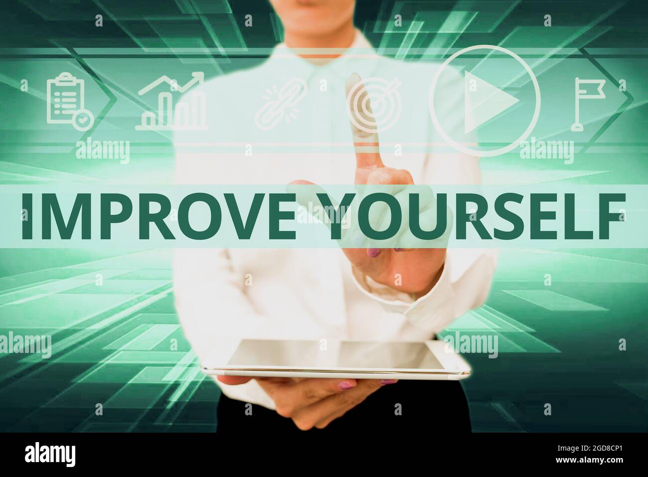 Affiche de texte améliorer vous-même. Approche d'affaires faire de vous une meilleure ou plus personne compétente Lady dans la tenue uniforme téléphone presse virtuelle Banque D'Images