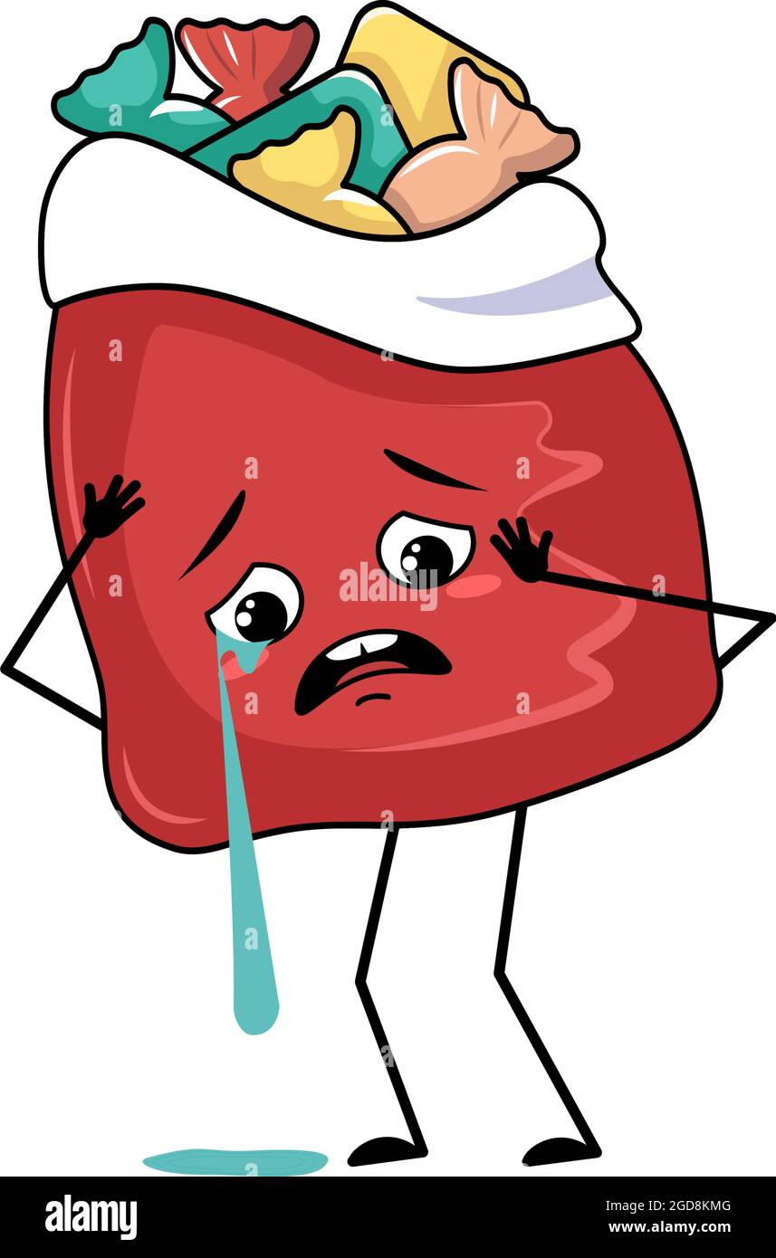 Adorable personnage de sac rouge avec des cadeaux du nouvel an avec des pleurs et des larmes, des émotions, un visage triste, des yeux dépressifs, des bras et des jambes. Article de Noël joyeux, nourriture douce joyeuse, boîte avec expression de dépression Illustration de Vecteur