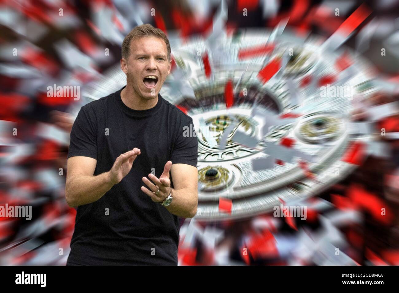 PHOTOMONTAGE: Aperçu du Bundesliga début de la saison 2021/2022 Borussia Monchengladbach-FC Bayern Munich. L'entraîneur Julian NAGELSMANN (FC Bayern Munich) veut gagner le 10ème championnat de suite avec le FC Bayern Munich. Saison 2021-2022 € Banque D'Images