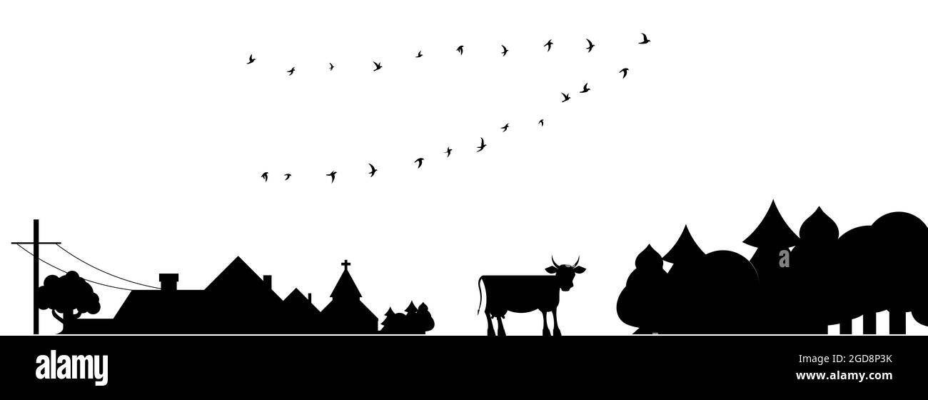 Scène rurale. Silhouette de paysage de campagne avec un troupeau d'oiseaux. Vache et église de village. Illustration plate isolée sur fond blanc. Banque D'Images