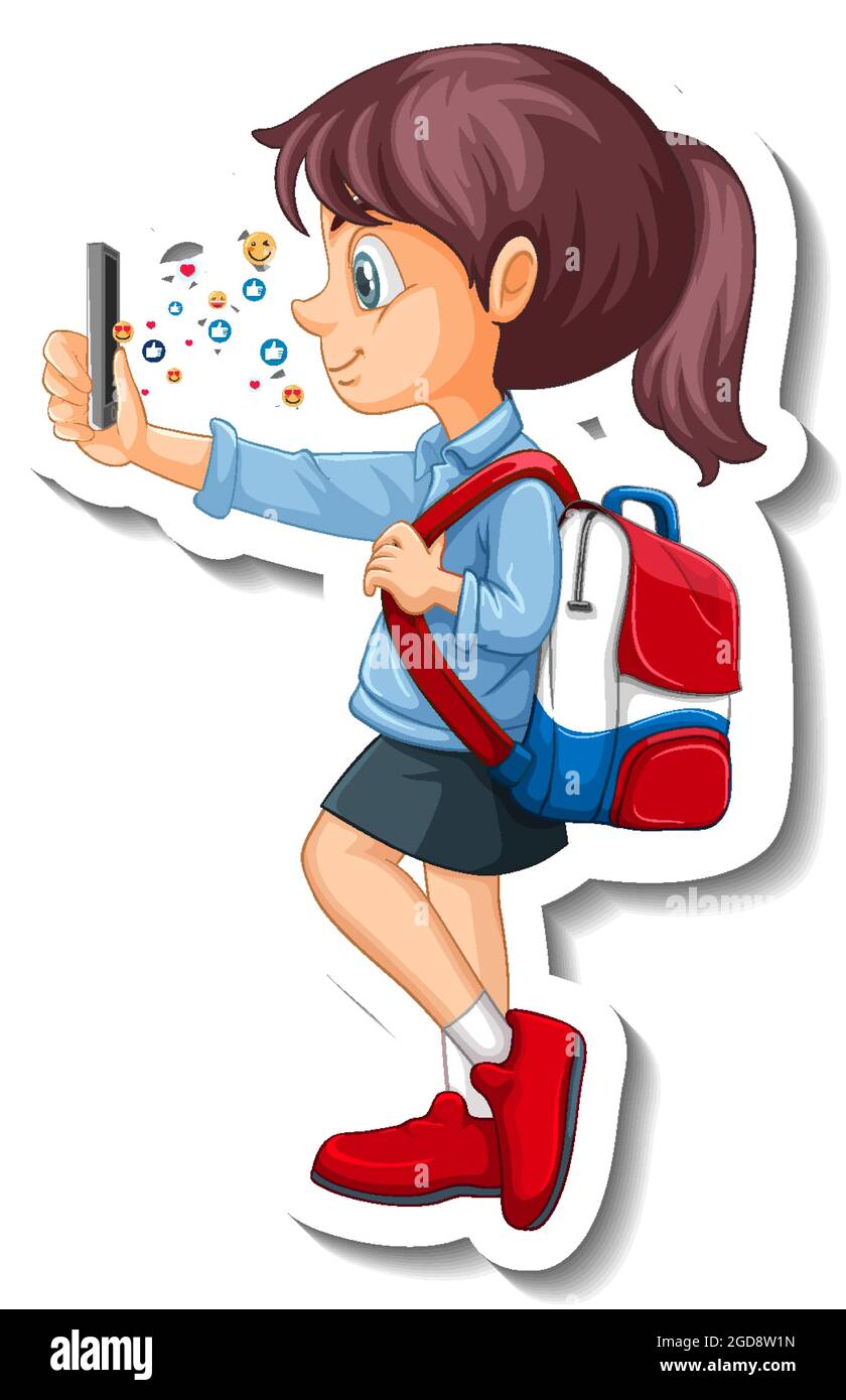 Une fille étudiante utilisant l'illustration d'un autocollant de personnage de dessin animé de smartphone Illustration de Vecteur