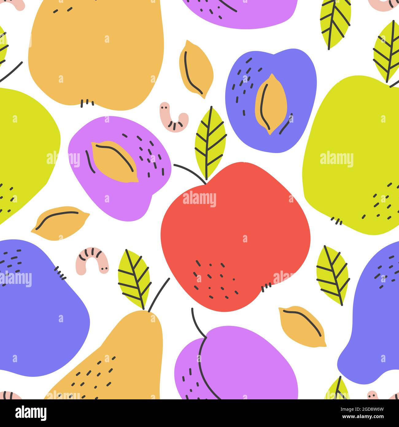 Motif été brillant sans couture avec récolte de pommes, poires, prunes. Illustration de Vecteur