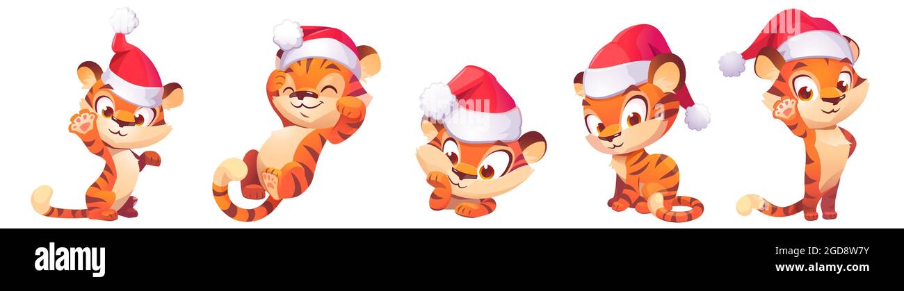 Joli petit tigre dans un chapeau de Noël Illustration de Vecteur