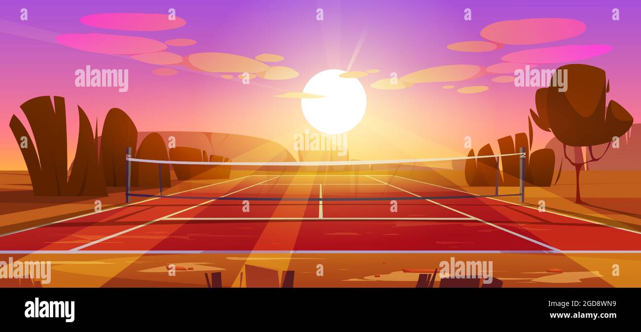 Court de tennis, terrain de sport avec filet au coucher du soleil Illustration de Vecteur