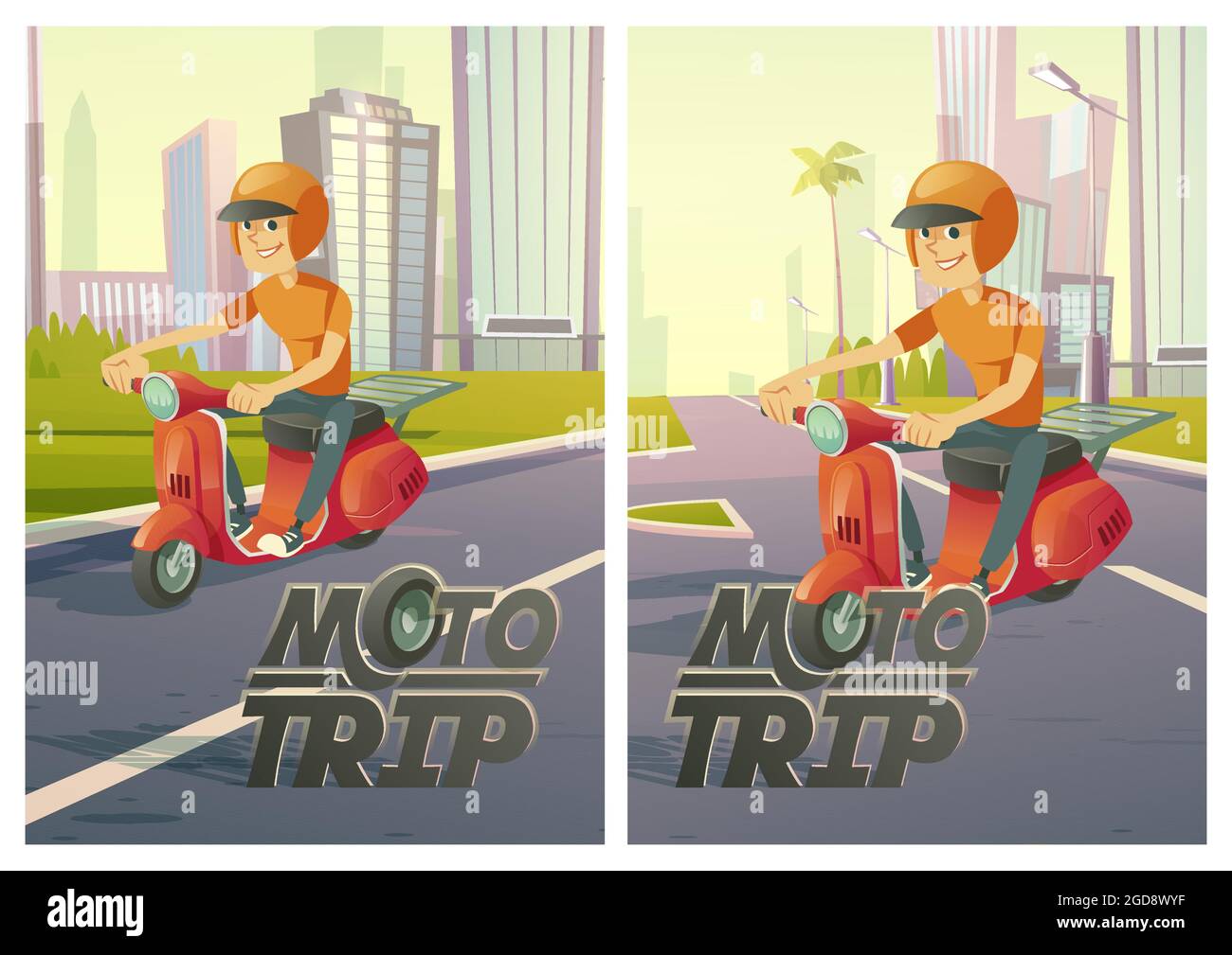 Affiches de voyage moto avec homme sur scooter sur la route de la ville Illustration de Vecteur