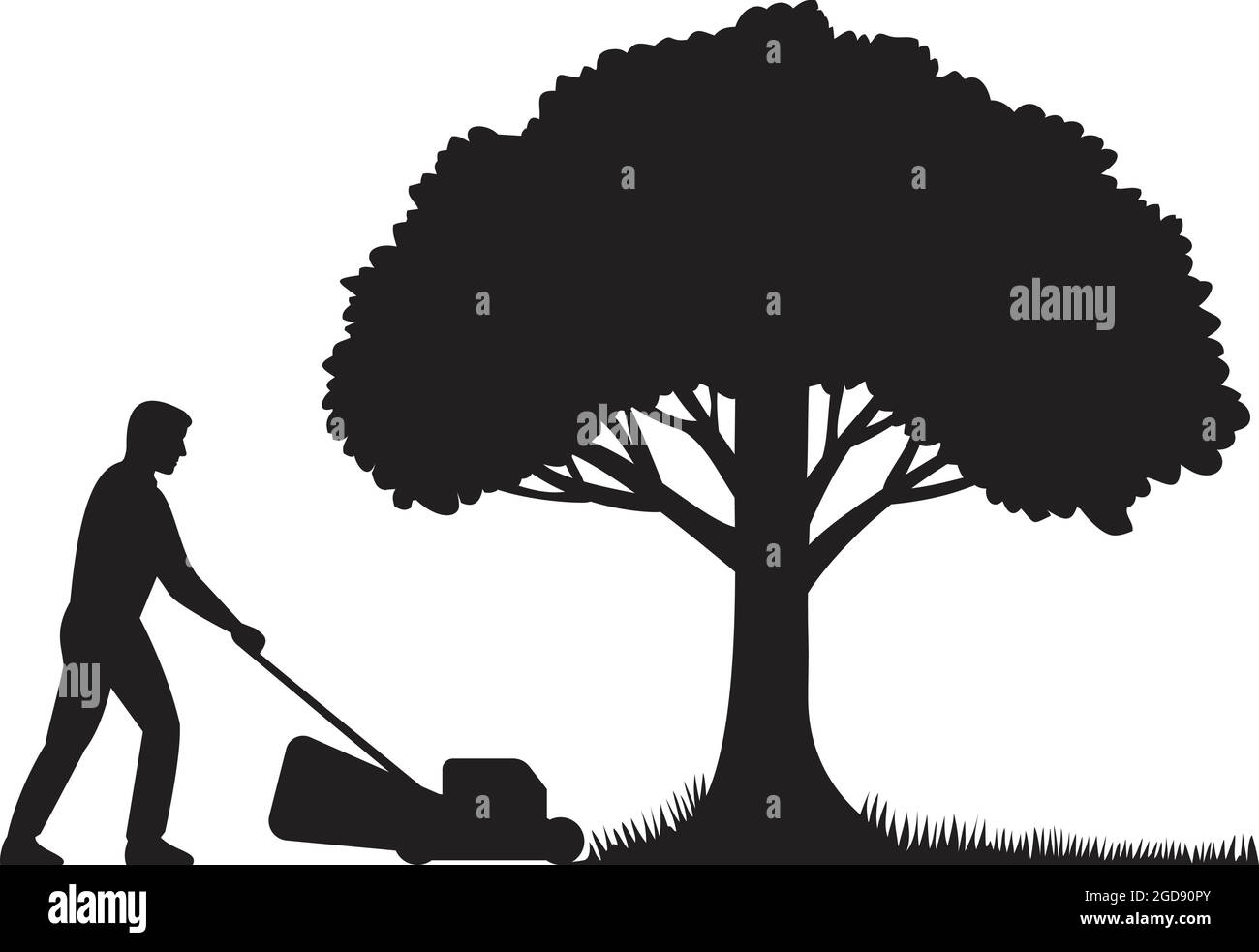 Schéma stencil d'un jardinier avec tondeuse ou tondeuse à gazon fauchant une pelouse en chêne à l'arrière sur un arrière-plan isolé fait en b Illustration de Vecteur