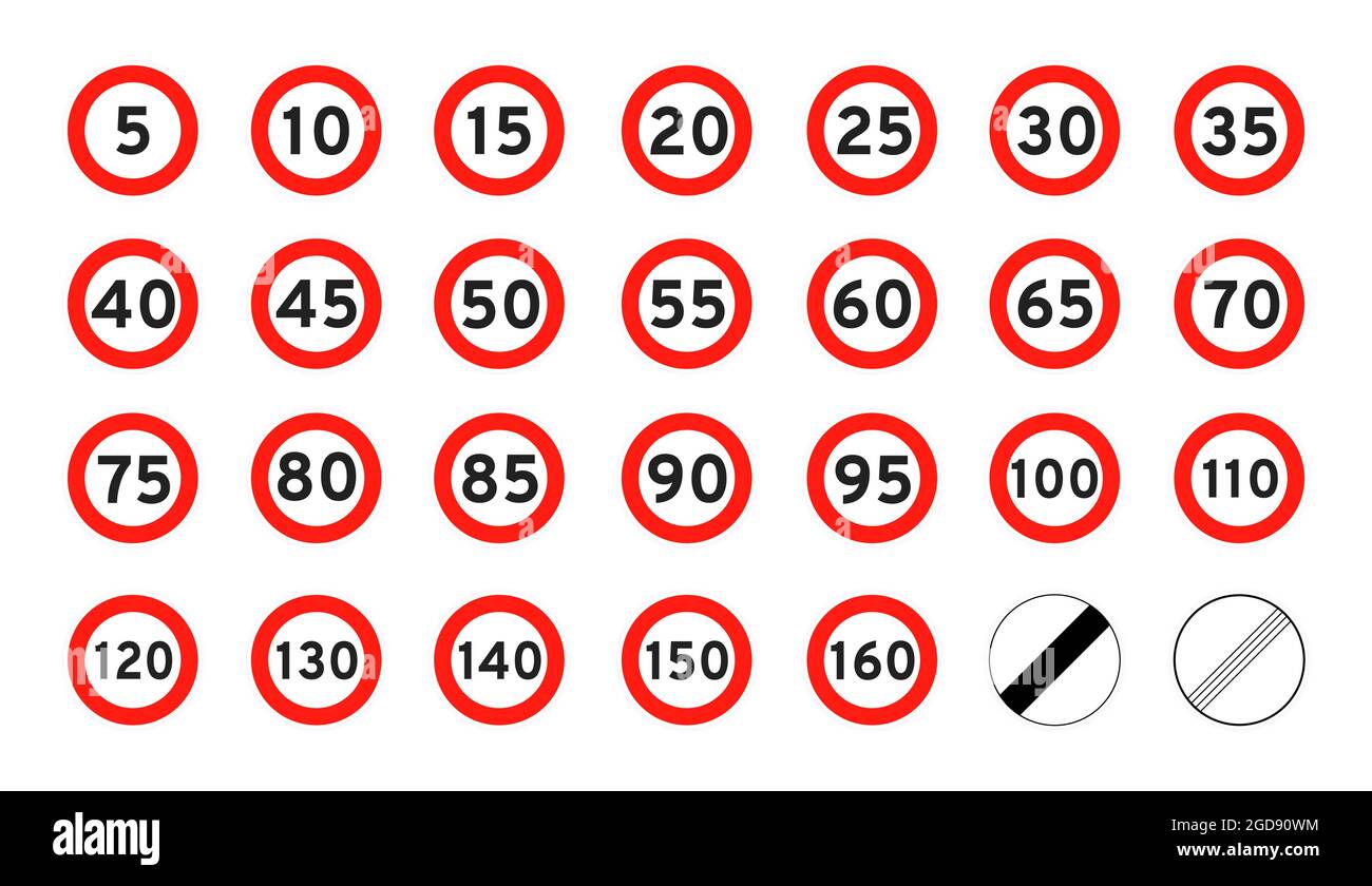 Limite de vitesse 5-160 route ronde icône signe plate style design vecteur illustration ensemble isolé sur fond blanc. Entourez le numéro de la signalisation routière standard Illustration de Vecteur
