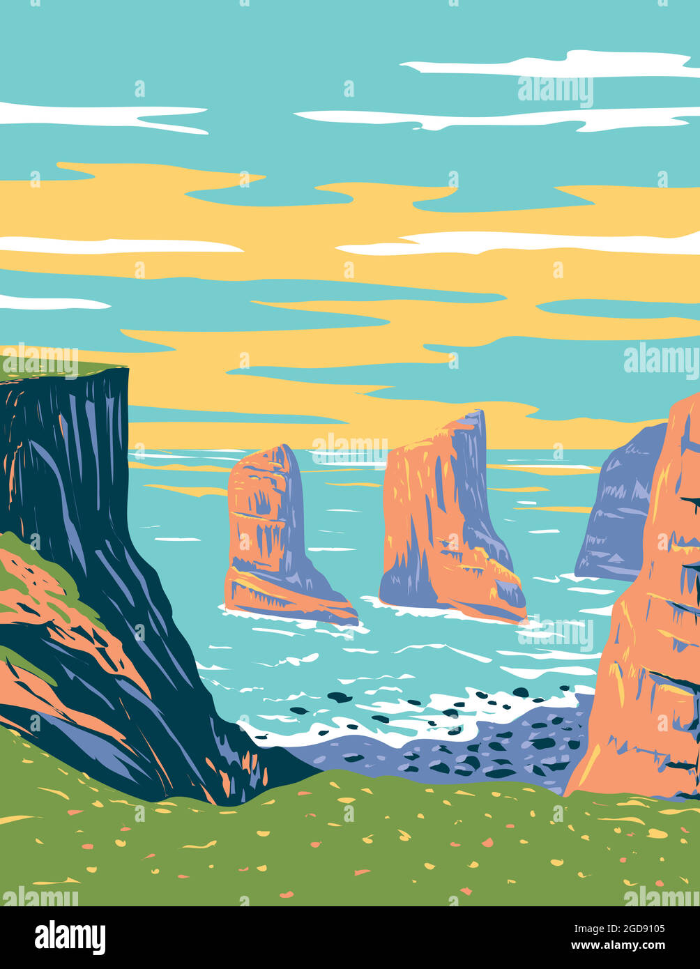 Affiche Art déco ou WPA de l'Elegug Stack Rocks située dans le parc national de la côte de Pembrokeshire, dans l'ouest du pays de Galles, Royaume-Uni fait en travaux projet admi Illustration de Vecteur