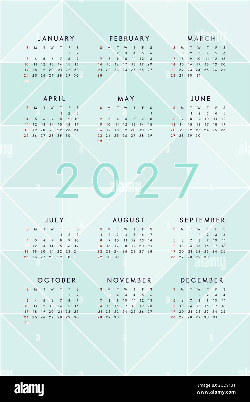 Calendrier bleu sarcelle vert 2027 sur fond avec triangles de mosaïque moderne. Calendrier vertical pour l'impression et le Web. La semaine commence le dimanche. Illustration de Vecteur