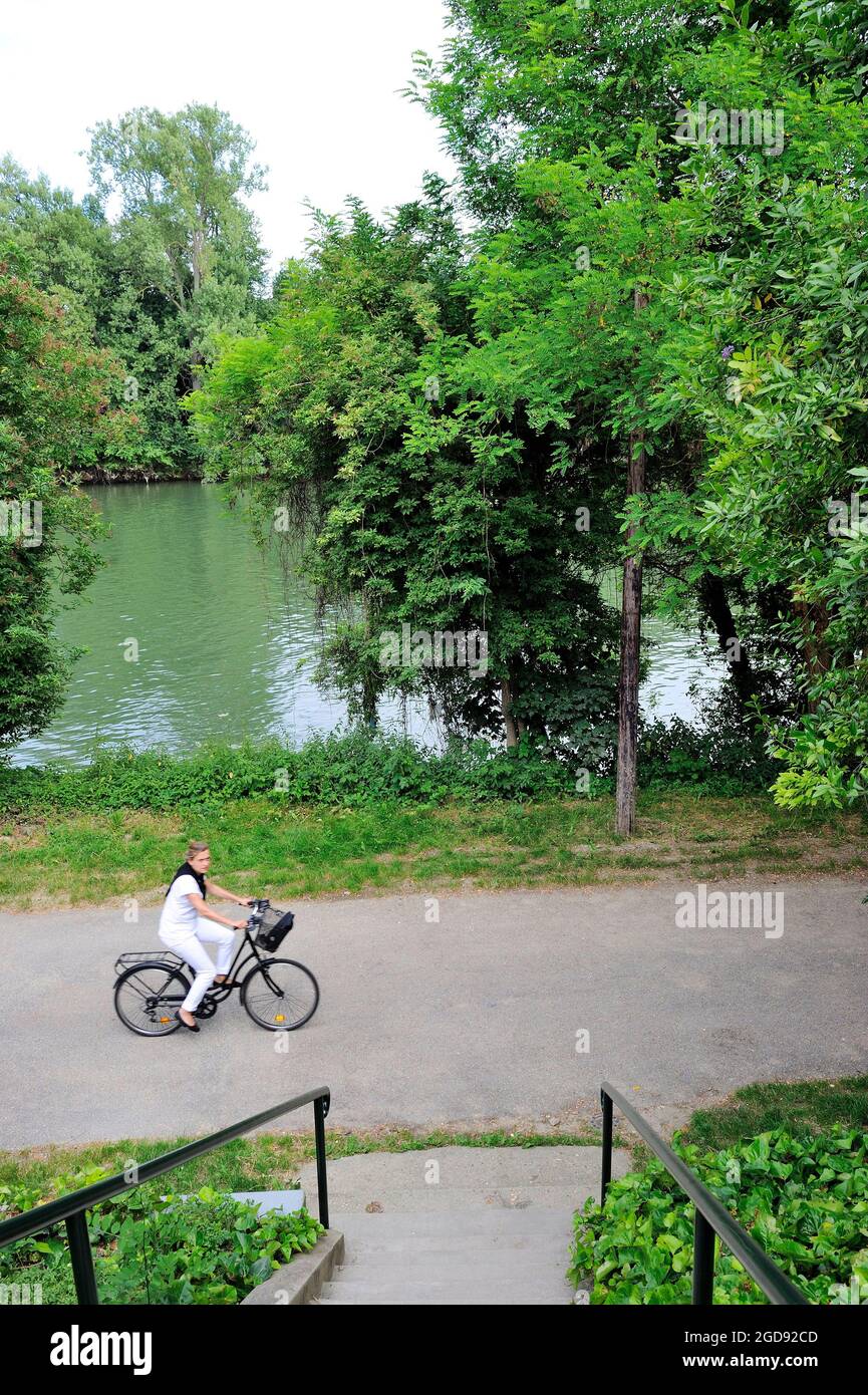 FRANCE, YVELINES (78) CHATOU, BORDS DE SEINE, PISTE CYCLABLE AVENUE VERTE Banque D'Images