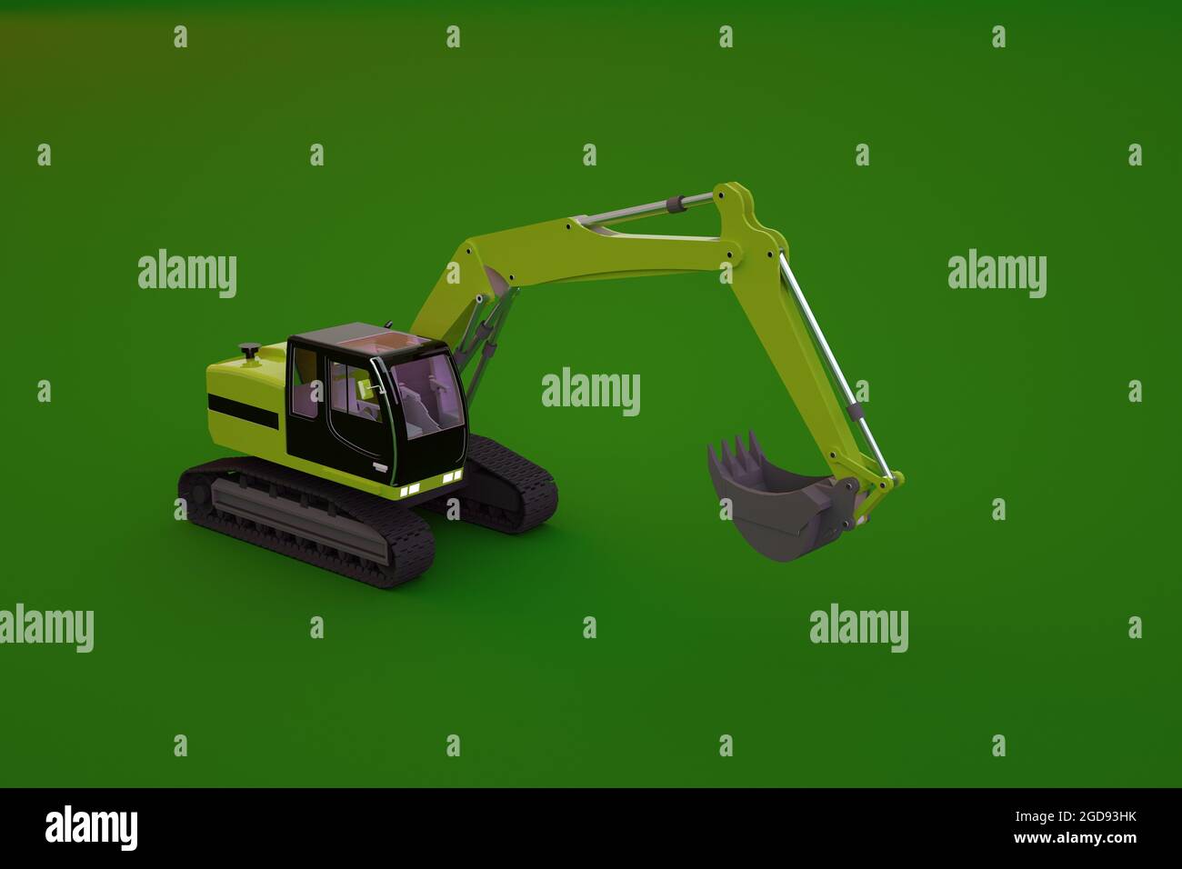 Modèle d'une pelle hydraulique jaune sur fond vert isolé. Objet d'une grande machine de construction lourde avec un grand godet en arrière-plan. 3D gra Banque D'Images