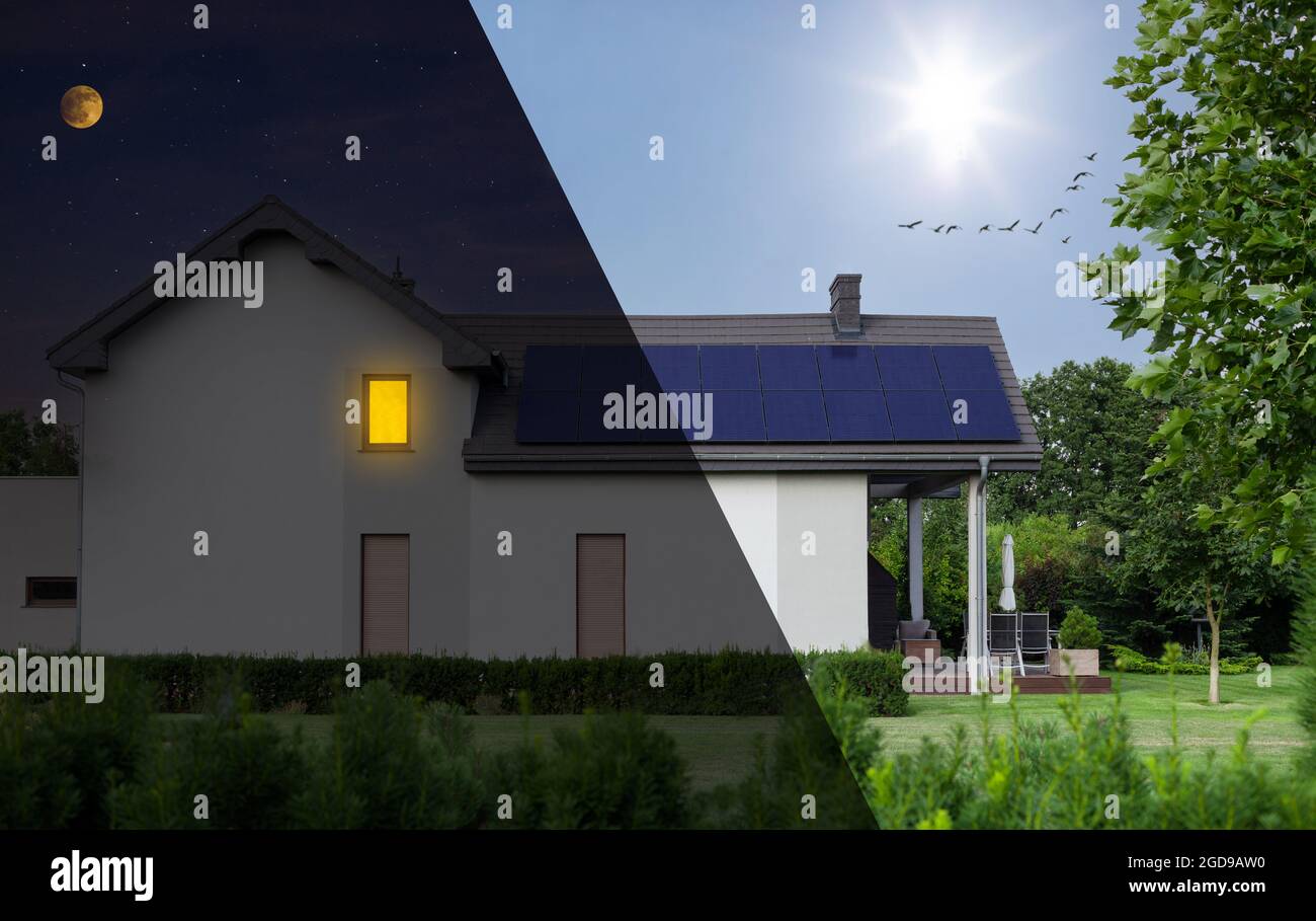 Énergie solaire. Maison moderne blanche avec panneaux solaires. Fonctionnement - visualisation Banque D'Images