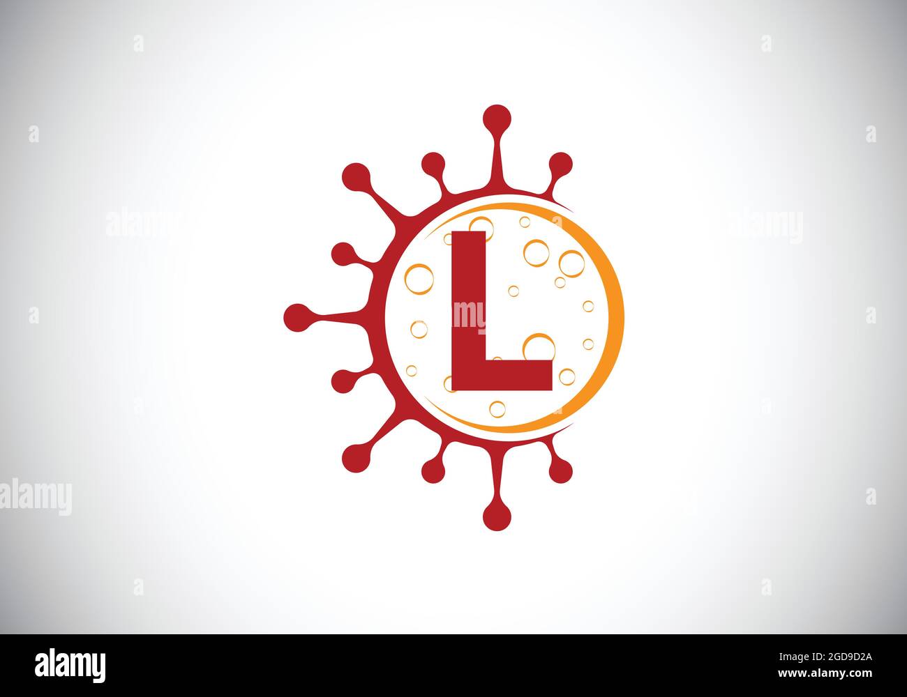 Lettre L initiale du monogramme avec les cellules du coronavirus. Logo Lab signe symbole dessin vectoriel Illustration. Emblème de police. Virus Corona (Covid-19). Arrêt Corona Illustration de Vecteur