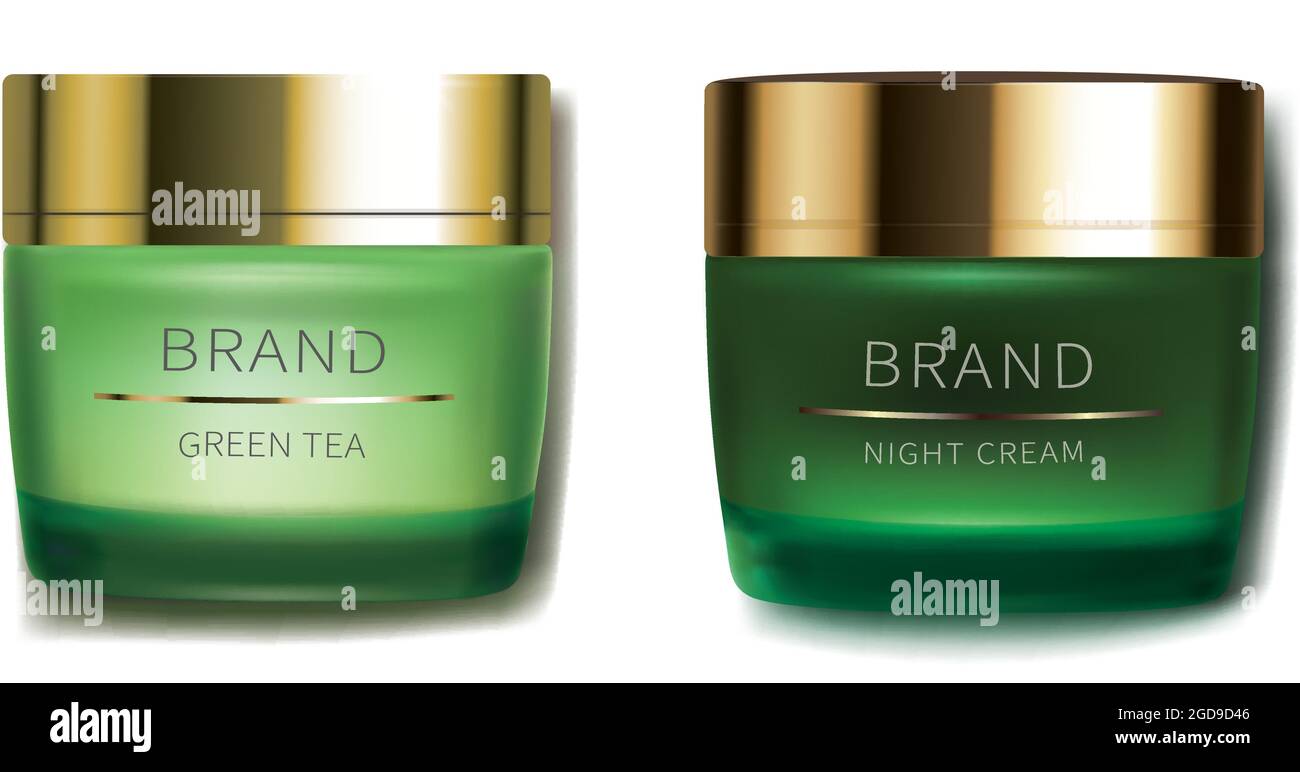 Crème cosmétique de jour et de nuit pour le soin de la peau du visage, vecteur réaliste. Pots en verre vert avec bouchon doré et produit revitalisant, isolés sur fond blanc. Design de marque pour des cosmétiques intelligents de qualité supérieure Illustration de Vecteur