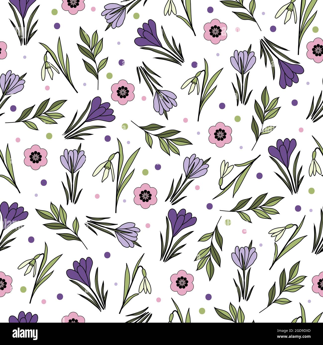 Motif printanier avec gouttes de neige, crocus printanier, petites feuilles de fleurs et points sur fond transparent Illustration de Vecteur