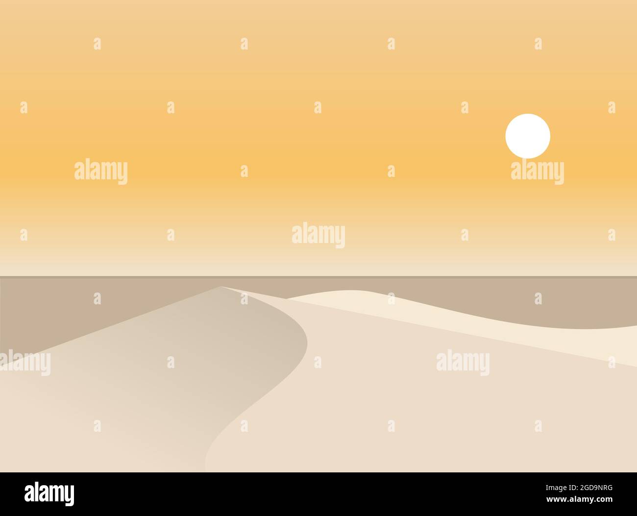Dunes de sable paysage. Coucher de soleil dans le désert. Paysage désertique minimaliste. Horizon dune avec ciel doré. Colline beige en sable à vent. Vecteur Illustration de Vecteur