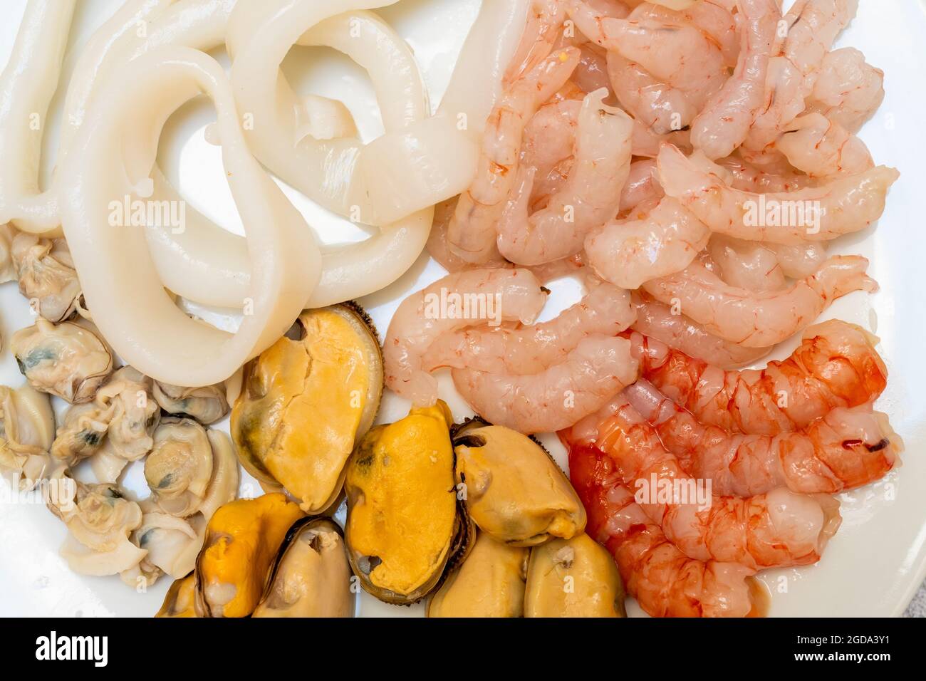 Macro photographie d'une assiette de fruits de mer propre prête à faire un paella. Calmar, palourdes, moules et crevettes. Concept alimentaire sain Banque D'Images