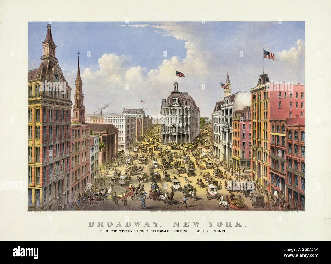Broadway, New York- du bâtiment télégraphique WESTERN Union, en direction du nord - Currier & Ives - 1875 Banque D'Images