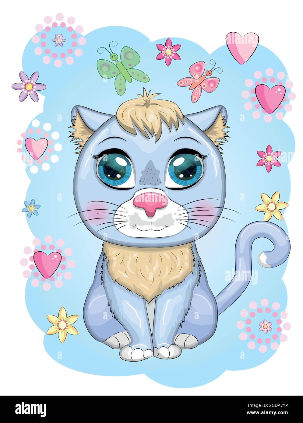 Mignon Dessin Anime Bleu Chat Chaton Sur Un Fond De Fleurs Animaux Sauvages Caractere Style Mignon Pour Les Enfants Image Vectorielle Stock Alamy