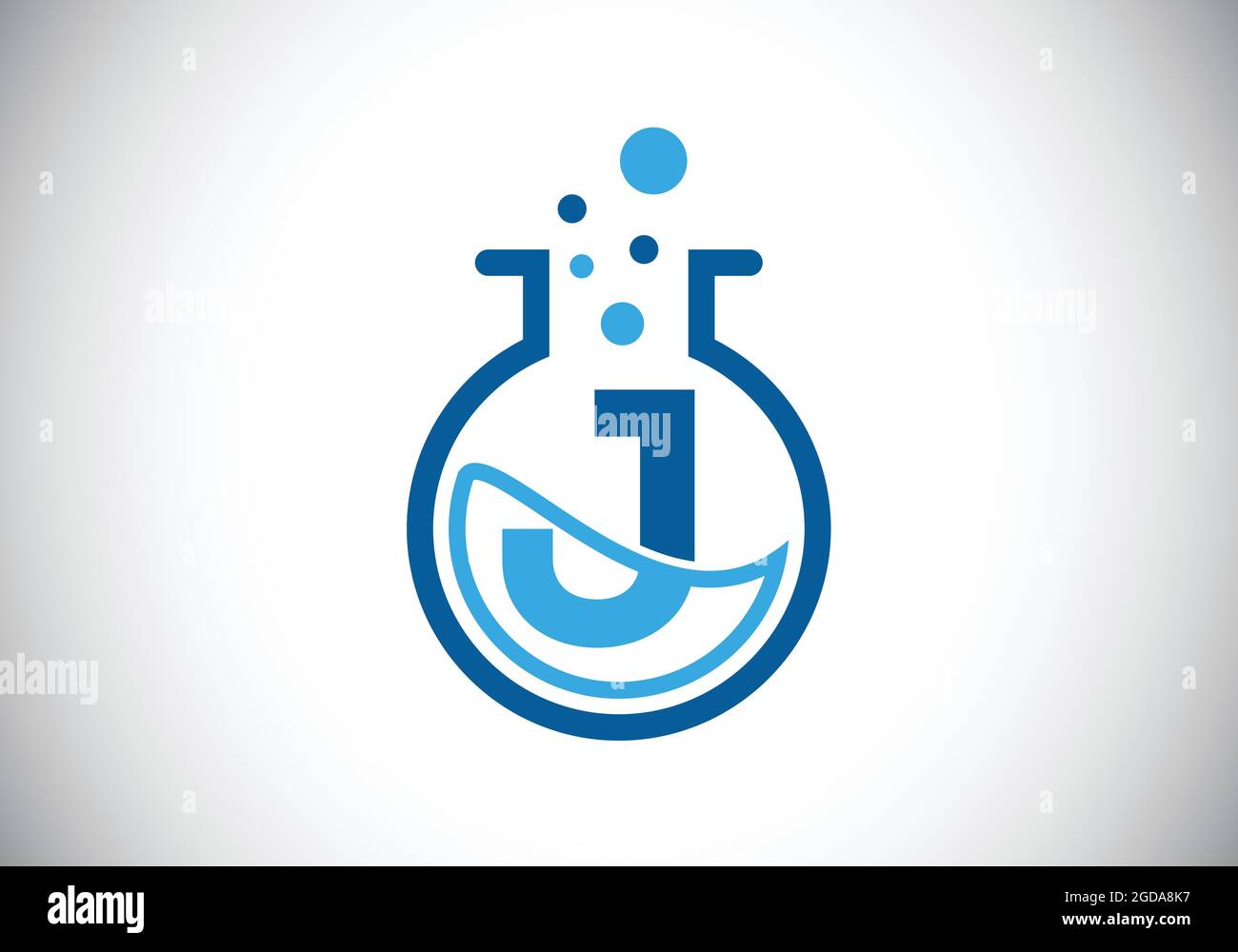 Lettre initiale du monogramme J avec verre de laboratoire, liquide chimique et bulles. Logo Lab. Logo pour la science et la technologie, l'entreprise et l'identité de l'entreprise Illustration de Vecteur
