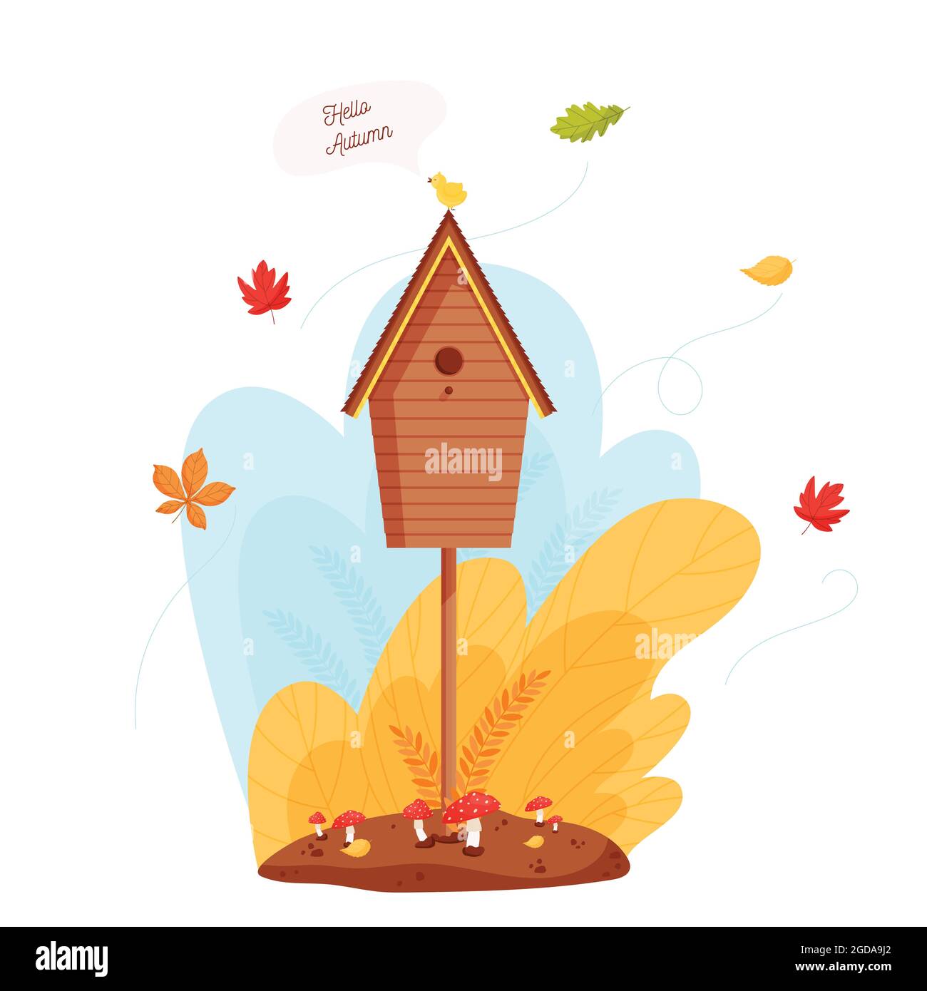 Maison d'oiseaux en bois de dessin animé dans la forêt. Petits tweets d'oiseaux Bonjour automne. Illustration vectorielle Illustration de Vecteur