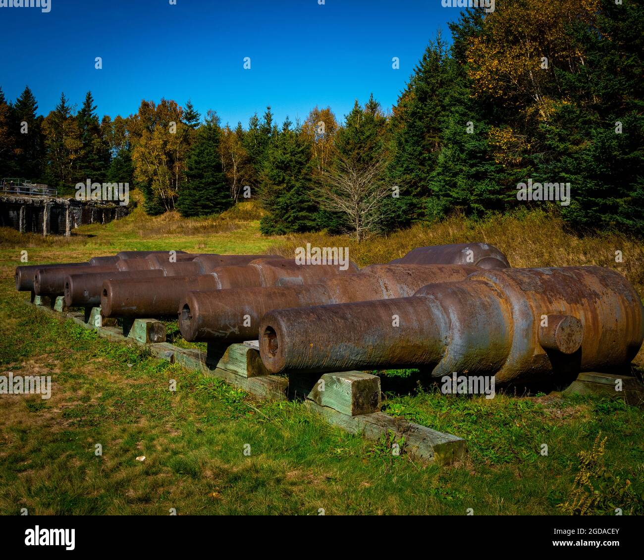 10 pouces, 18 tonnes, Mk. II et 9 pouces 12 tonnes Mk. II fusil Muzzleloading avec canons à anneaux de type Millar sur des blocs de bois Banque D'Images