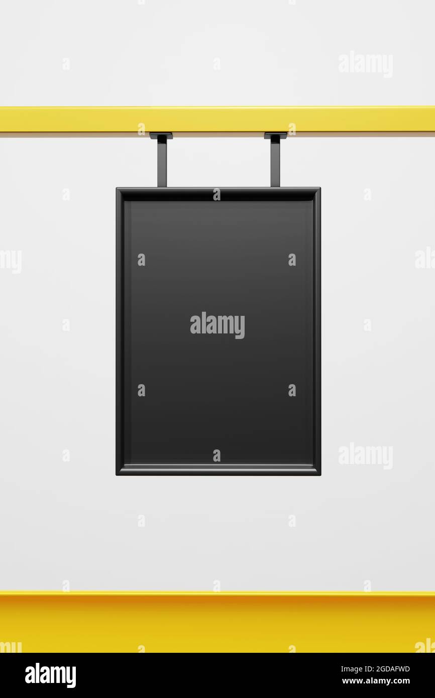 Rendu 3D d'un panneau d'informations noir ou d'un affichage suspendu isolé sur fond blanc. . Photo de haute qualité Banque D'Images