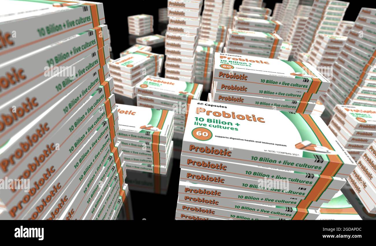 Production de paquets probiotiques. Usine de boîte de médicaments pour traitement antibiotique médical. Illustration du rendu 3d du concept abstrait. Des cultures de bactéries vivantes pour la santé Banque D'Images