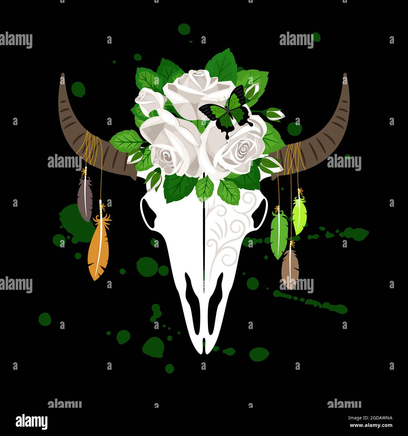 Crâne d'animal avec fleurs et plumes Illustration de Vecteur