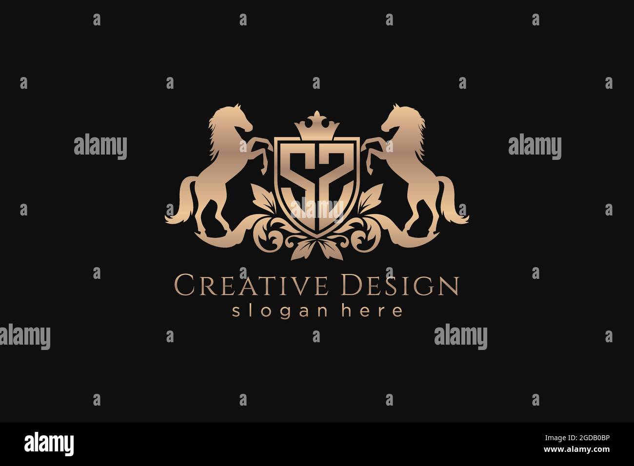 Écusson doré SZ Retro avec écusson et deux chevaux, gabarit de badge avec rouleaux et couronne royale - parfait pour les projets de marque luxueux Illustration de Vecteur