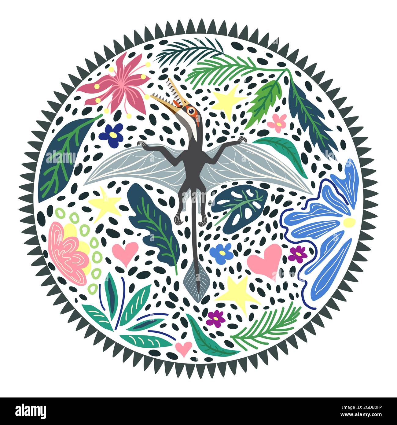 Ramforghin volant, collection de dinosaures préhistoriques. Animaux anciens. Dessiné à la main. Dans un cadre de fleurs et de feuilles Illustration de Vecteur