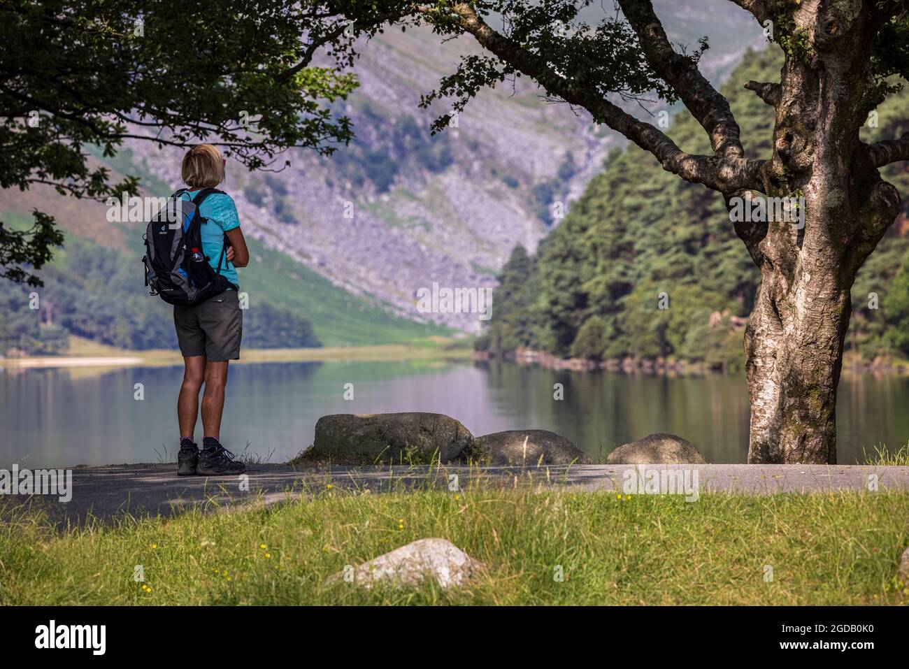 Femme avec sac à dos et chaussures de randonnée qui donne sur le calme matin ensoleillé sur la rive du lac Glendalough, comté de Wicklow, Irlande Banque D'Images