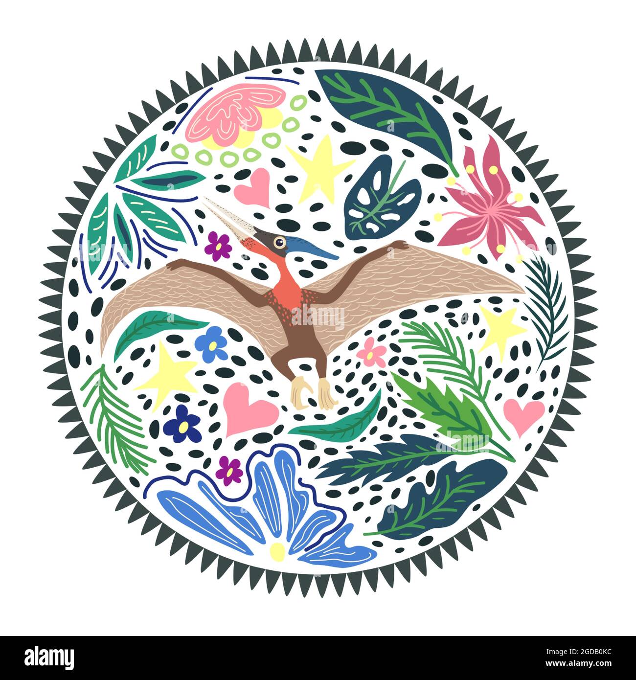 Ptérodactyle volant, collection de dinosaures préhistoriques. Animaux anciens. Dessiné à la main. Dans un cadre de fleurs et de feuilles. Illustration de Vecteur