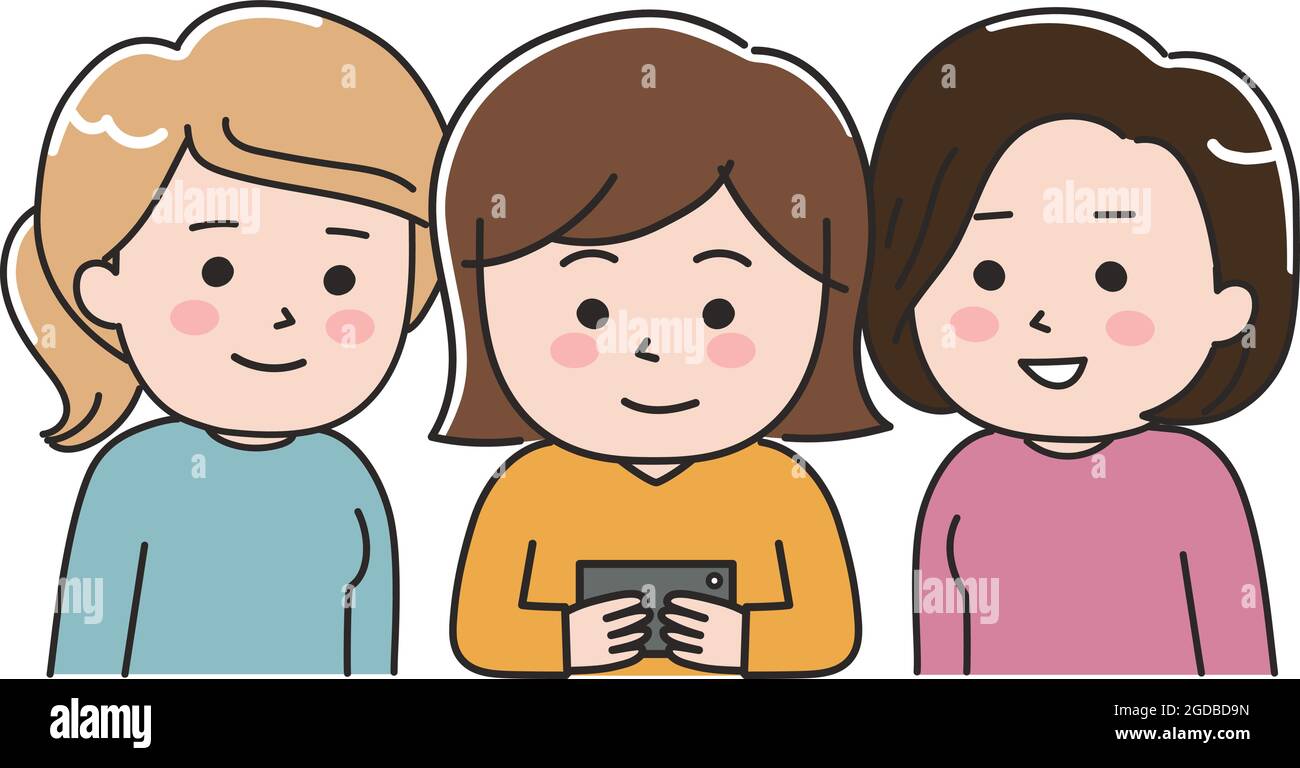 Trois jeunes femmes regardant un smartphone. Illustration vectorielle isolée sur fond blanc. Illustration de Vecteur