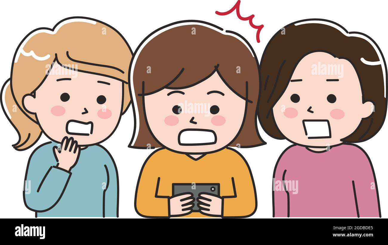 Choqué trois jeunes femmes regardant le téléphone mobile. Illustration vectorielle isolée sur fond blanc. Illustration de Vecteur