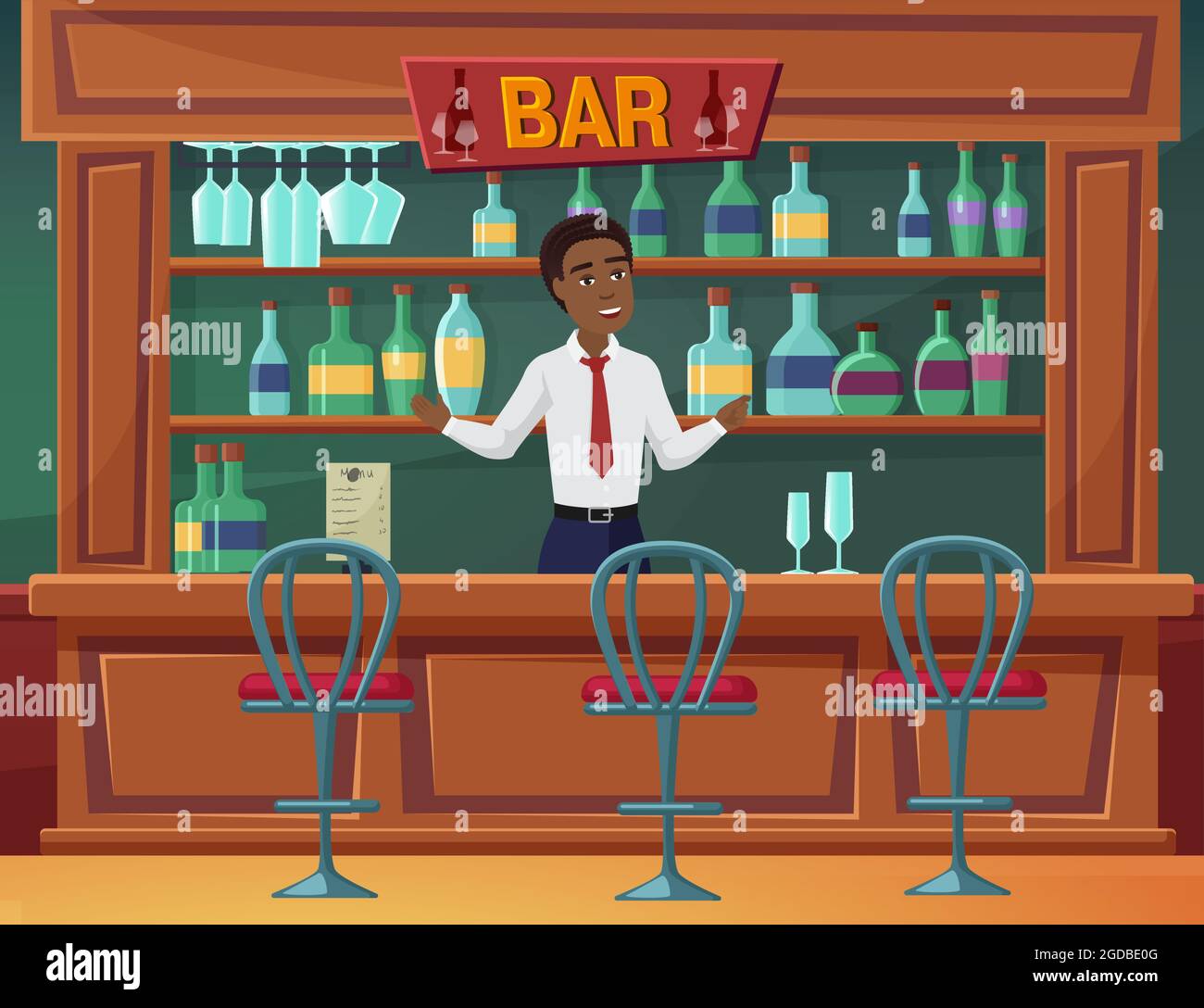 Bienvenue au bar, illustration vectorielle de service de restauration.  Homme de dessin animé propriétaire d'un bar-boutique, d'un café ou d'un  restaurant, debout derrière un comptoir de bar en bois, bouteilles d'alcool  sur