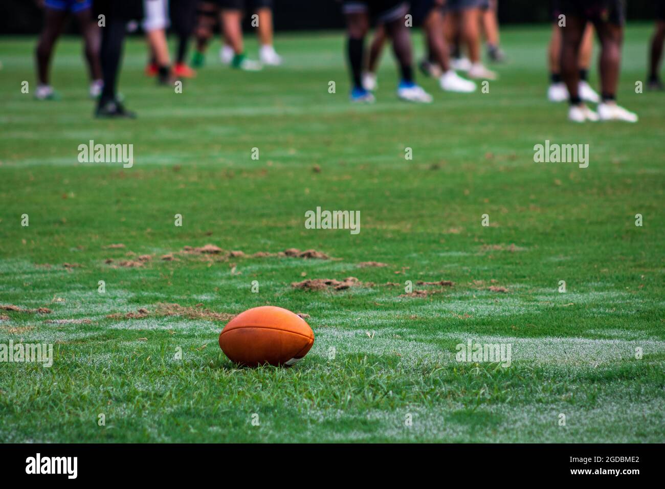 Gros plan avec mise au point peu profonde d'un ballon de rugby marron sur  un terrain de jeu vert Photo Stock - Alamy