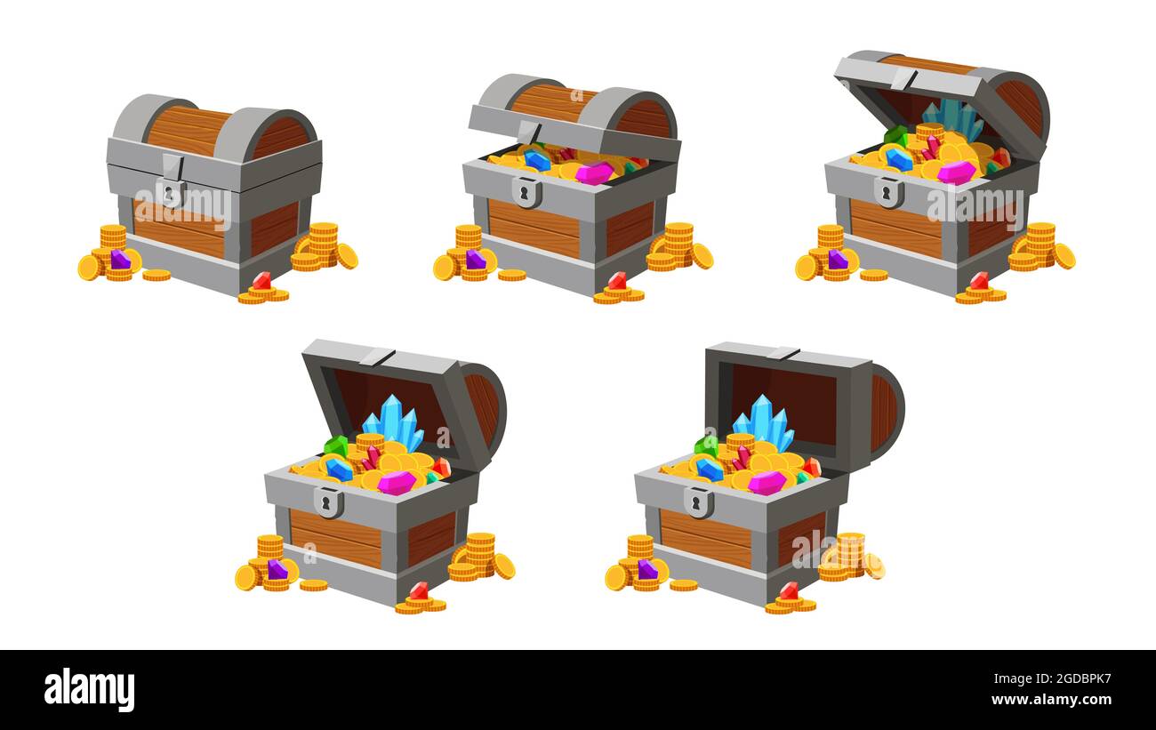 Animation d'ouverture du coffre au Trésor. Caisse de jeu avec pièces d'or, diamants et cristaux. Caricature fermée et ouverte coffres à images vectorielles Illustration de Vecteur