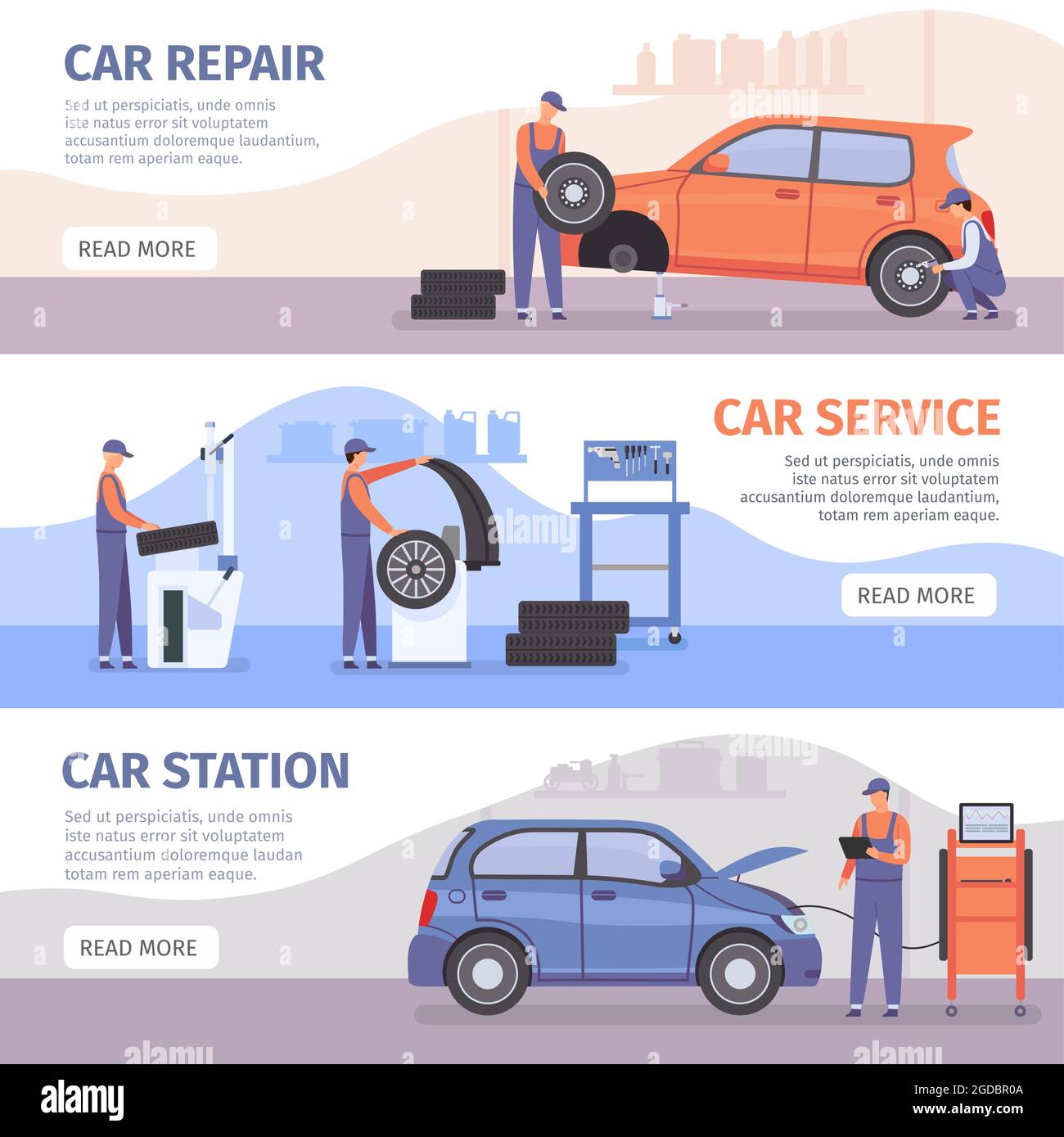 Bannière de service de réparation automatique. Des affiches d'atelier de voiture avec les travailleurs fixent les voitures et les pneus de roue. Ensemble de vecteurs publicitaires pour l'entretien mécanique de véhicules Illustration de Vecteur