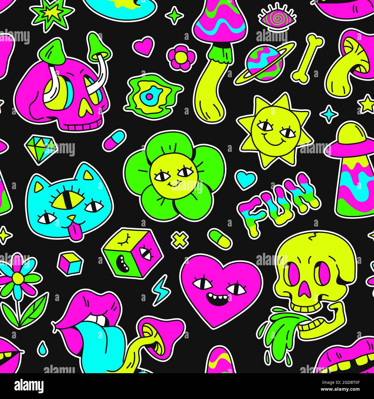 Motif surréaliste et sans coutures avec champignons et personnages bizarres. Dessin animé animal psychédélique, yeux, crânes et badges d'espace imprimé vectoriel Illustration de Vecteur