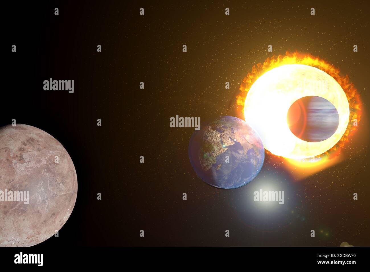 Planètes solaires et solaires de chauffage de flamme appartenant au système planétaire, Vénus, Terre, Mars, Lune. Banque D'Images