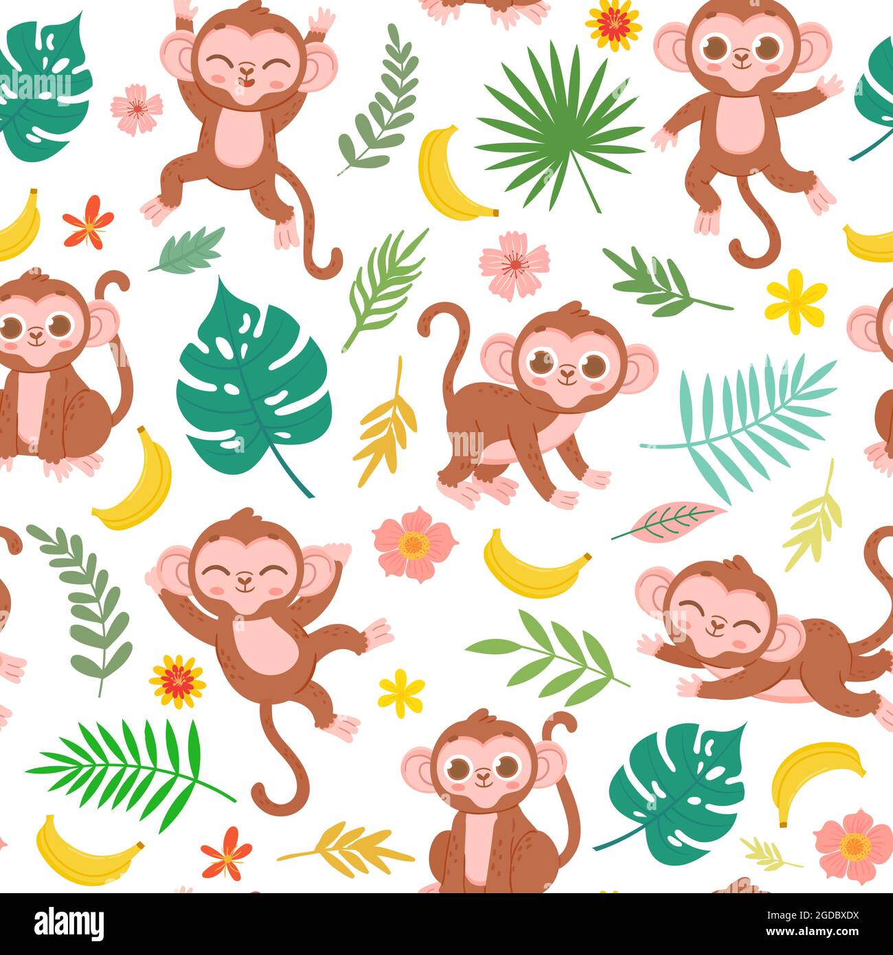 Motif sans couture avec singe bébé, banane et feuilles tropicales. Imprimé animal de la jungle façon pupille pour un tissu. Texture vectorielle de singes mignons Illustration de Vecteur