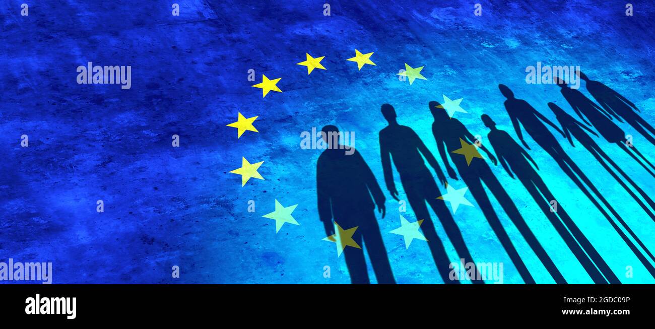 La crise de l'immigration européenne et les migrants réfugiés en Europe se considèrent comme des personnes sur un mur frontalier avec un drapeau de l'UE comme une question sociale concernant les réfugiés. Banque D'Images