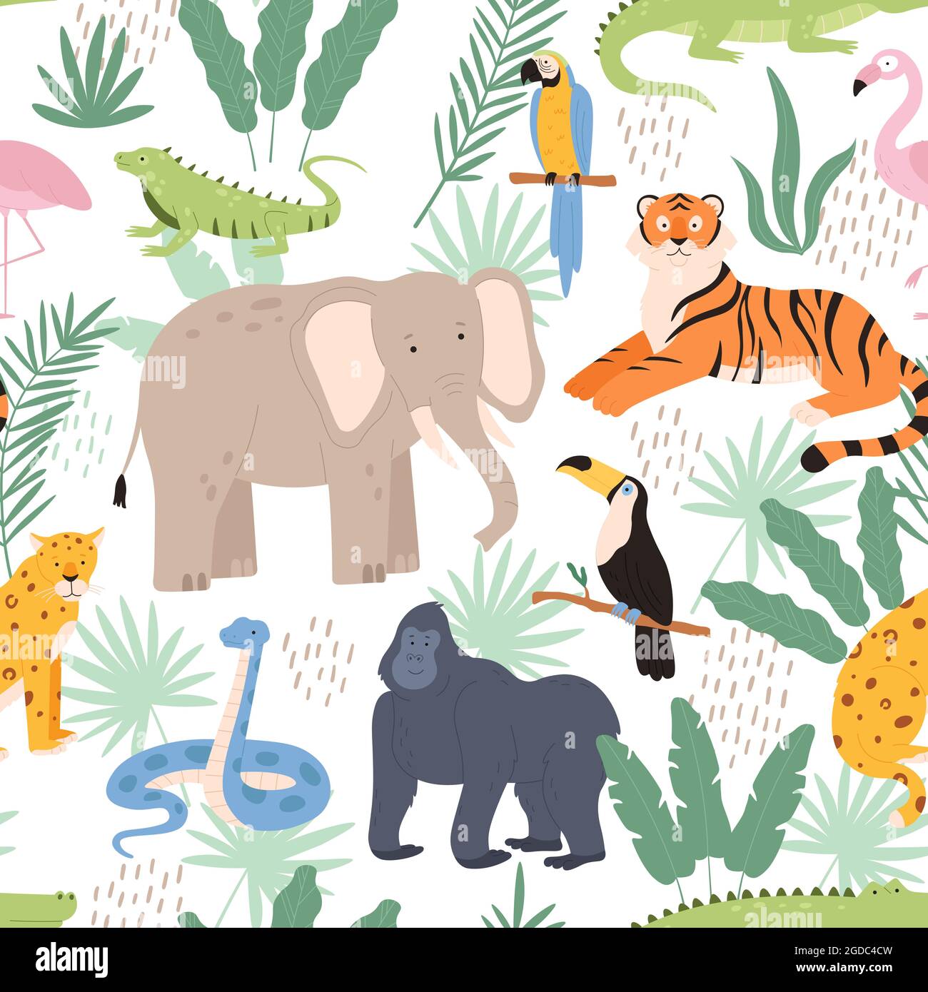 Animaux de la jungle et feuilles de palmier tropical avec motif décoratif sans couture. Imprimé forêt tropicale exotique avec texture vectorielle tigre, perroquet et léopard Illustration de Vecteur