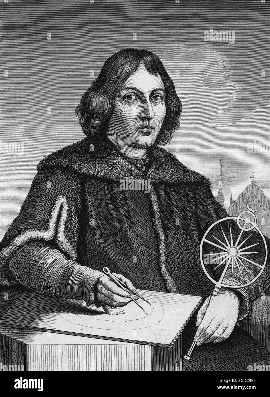 Titre : Portrait de Copernic. L'astronome polonais Nicolas Copernicus (1473 - 1543) dessine le soleil comme le centre de l'univers. Créateur: Auteur inconnu Date: c.1850 Moyen: Gravé lieu: Collection privée Banque D'Images