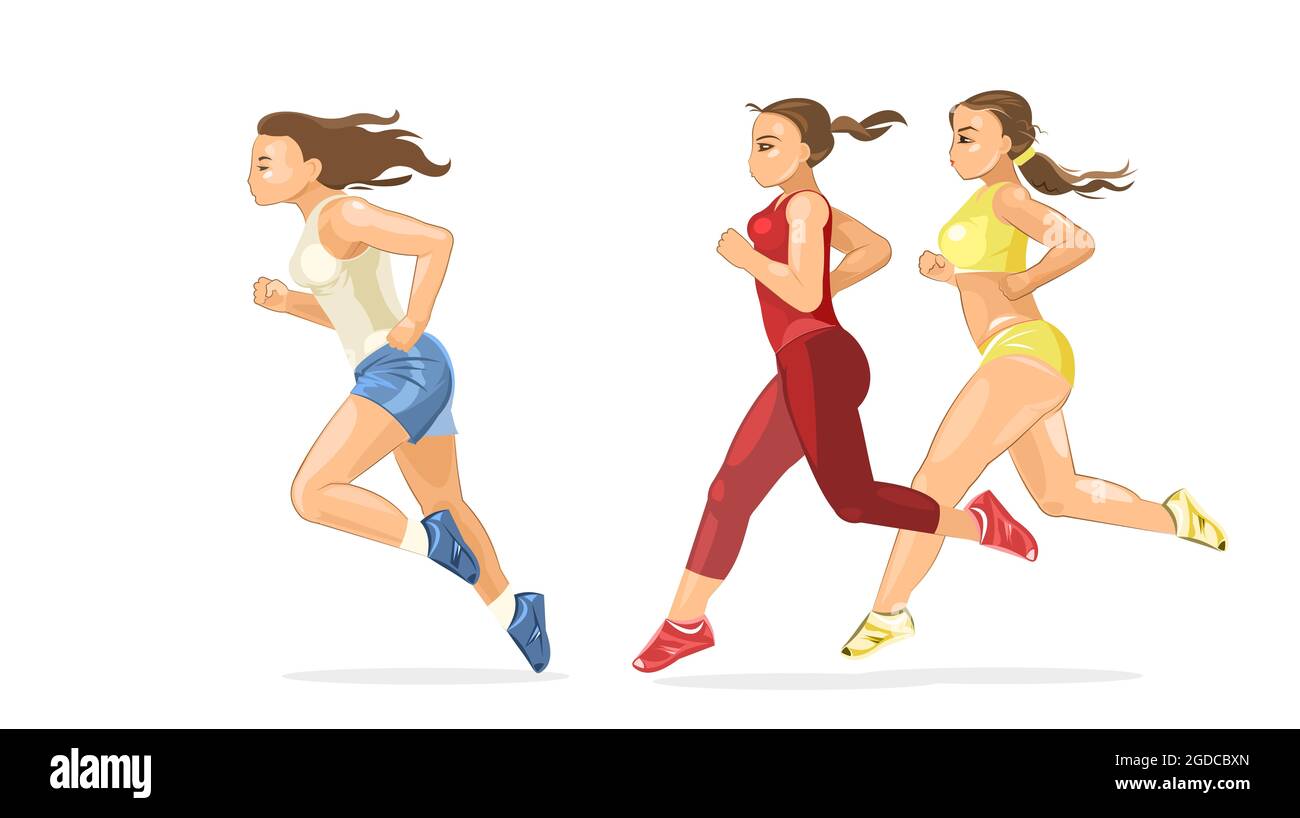 Les filles sont en train de courir. Course à pied. Forme physique et mode de vie sain. Style dessin animé plat. Les femmes font de l'exercice. Athlétisme pour Femme. Il. Isolé Banque D'Images